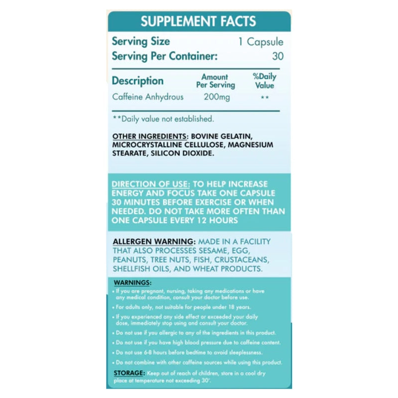 Organic Nation Caffeine 200-30Serv.-30Hard Gelatin Capsules