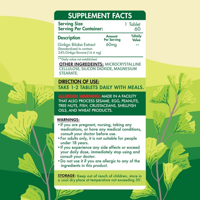Organic Nation Ginkgo Biloba 60MG-60Serv.-60Coated Tablets